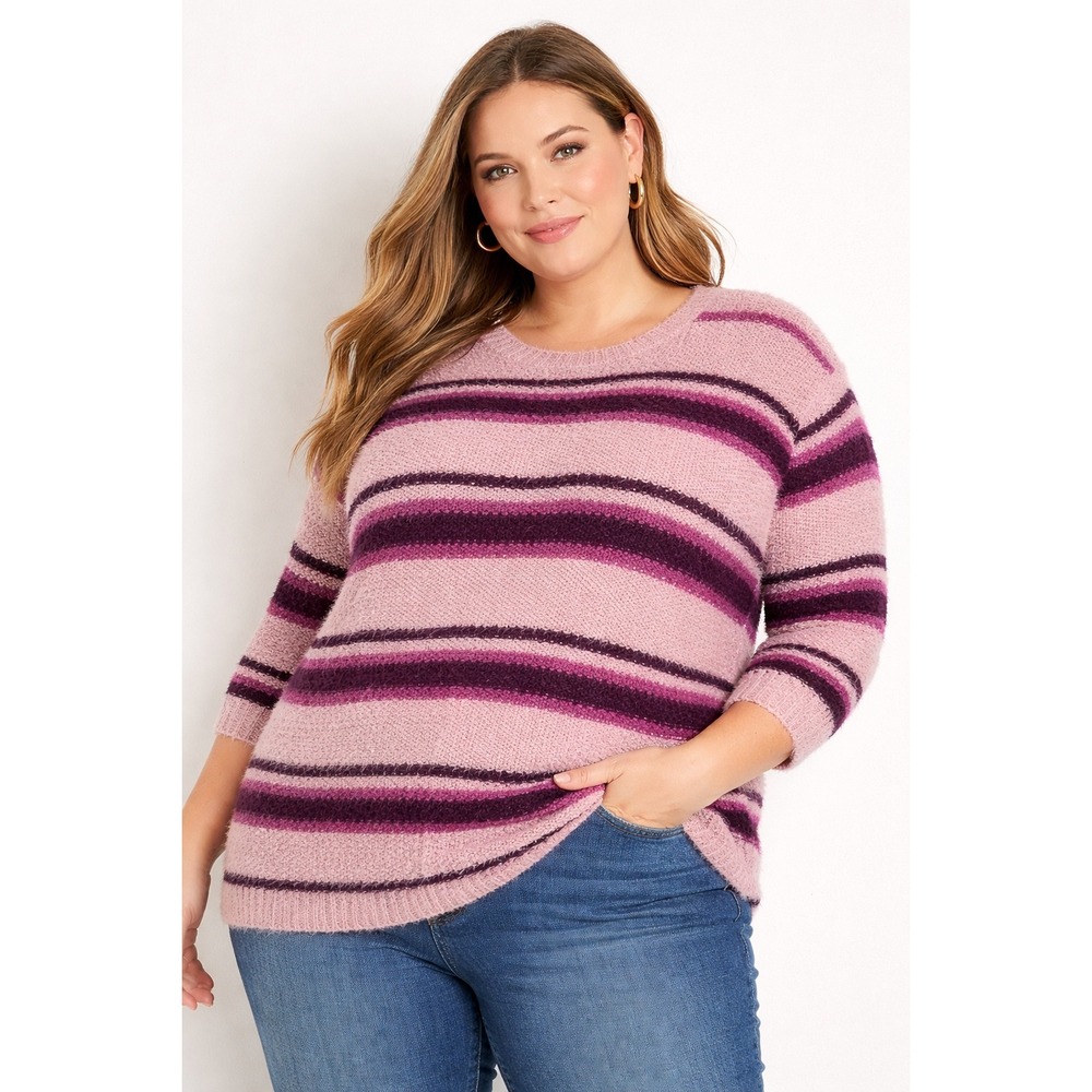 Torrid Womens Sweater SZ Plus‎ 4 Pink Purple Striped Fuzzy Knit Crew 3/4 Sleeve